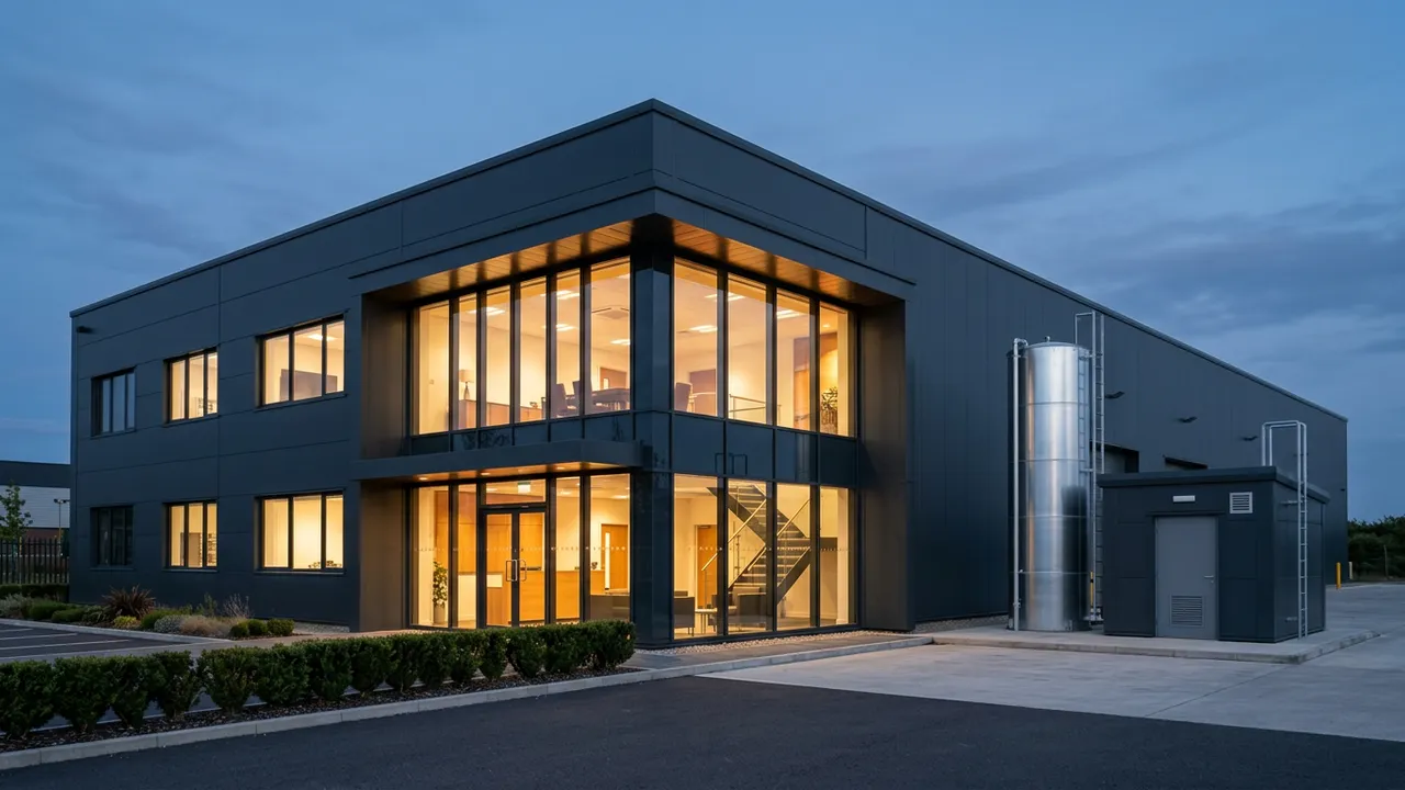 Entrepôt moderne à bureaux vitrés éclairés à l'heure bleue, réservoir sprinkler et local de pompage sur le côté